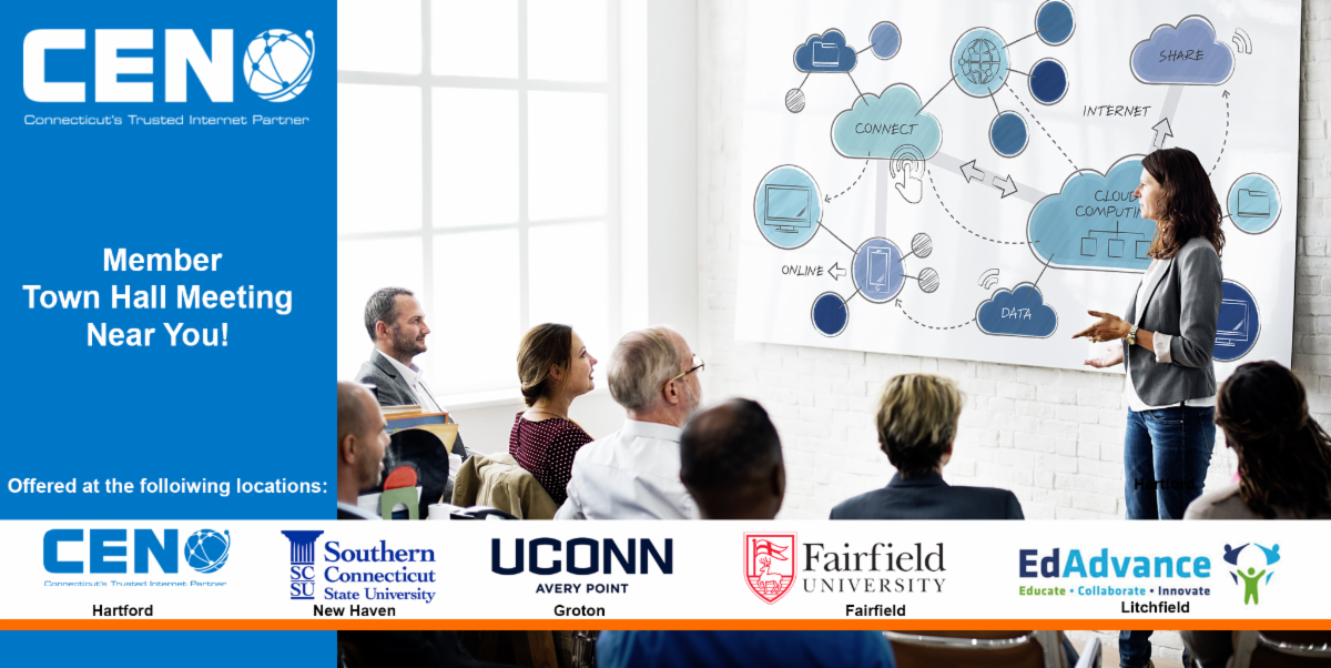 Member Town Hall Meeting Near You! with teacher up at the board showing adults cloud chart in background