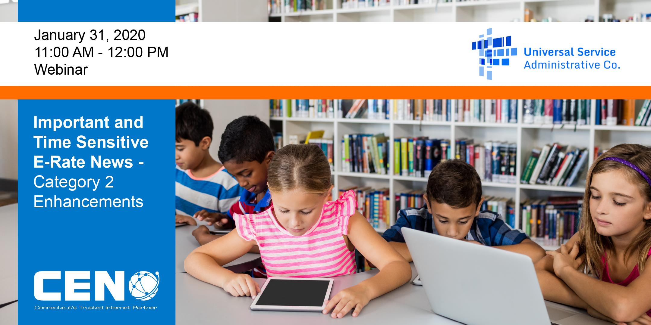 Important and Time Sensitive E-Rate News, Category 2 Enhancements header with kids on their devices in the background