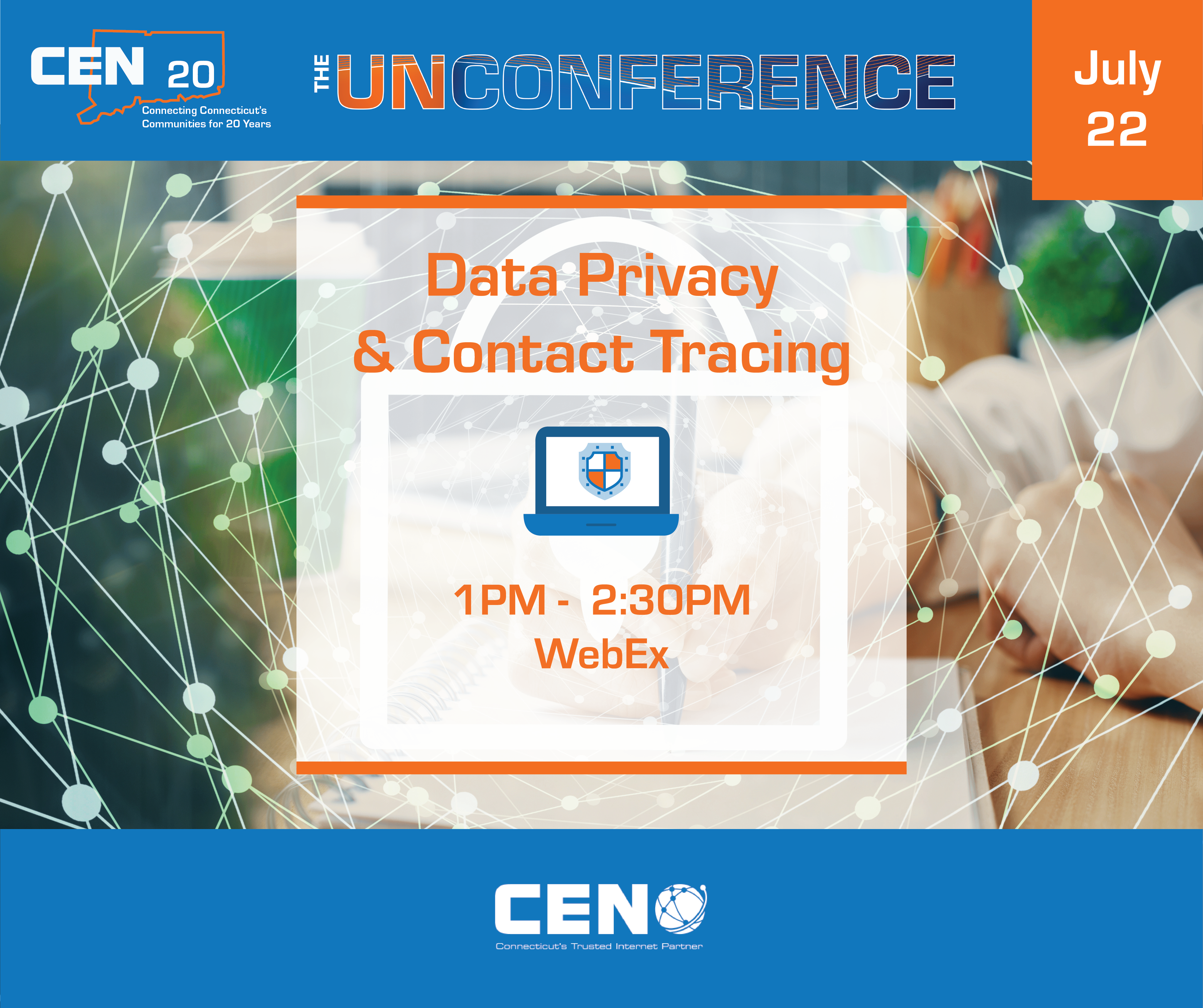 Data Privacy and Contact Tracing from 1:30-2:30 on WebEx with q computer icon showing a shield icon on its screen