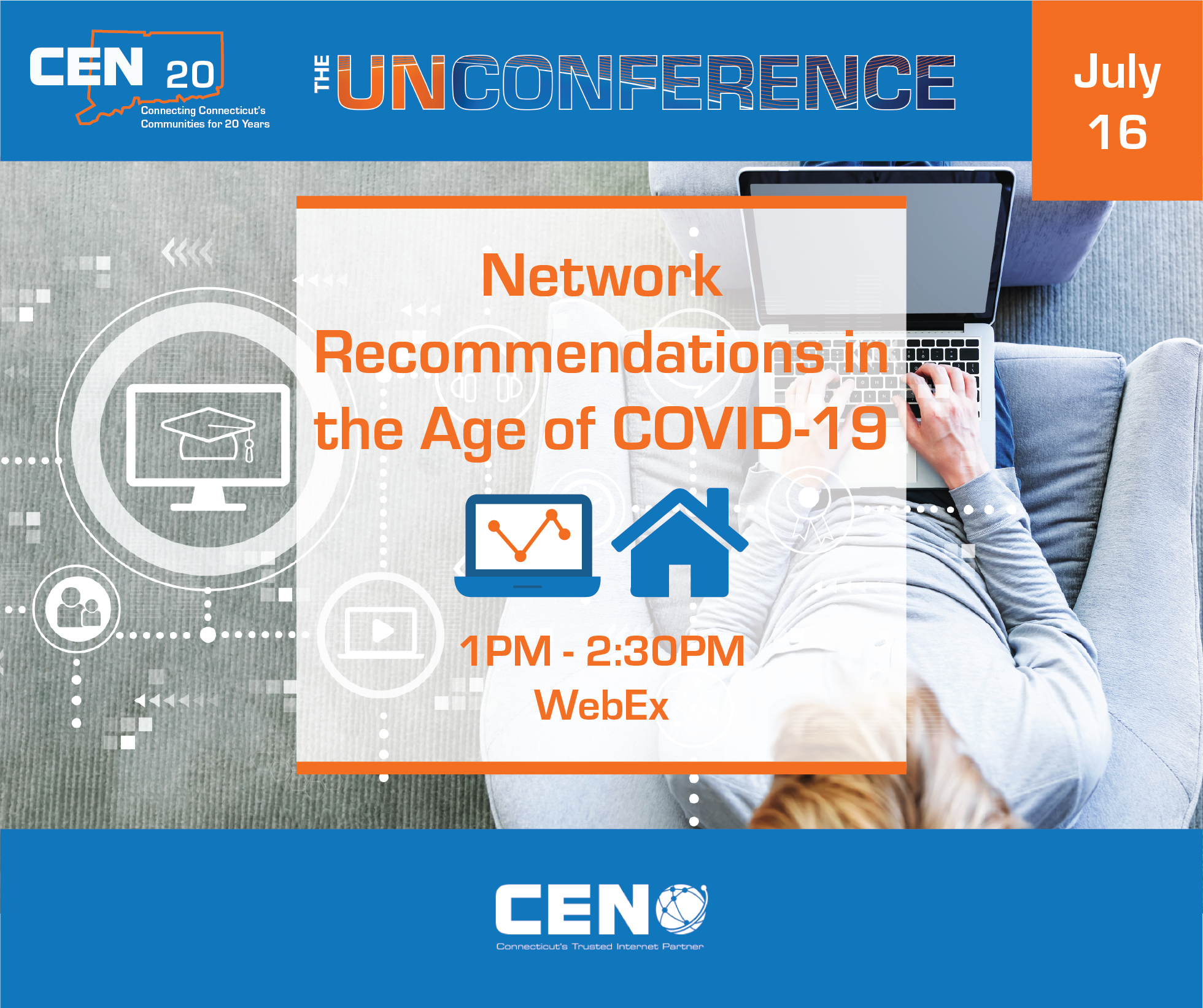 Network Recommendations in the Age of COVID-19 from 1pm to 2:30pm on WebEx with a computer icon showing a graph and a house icon
